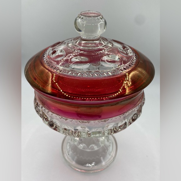 Tiffin-Franciscan Kings Crown Thumbprint Ruby Flashed Lidded Compote Candy Dish - Picture 4 of 13
